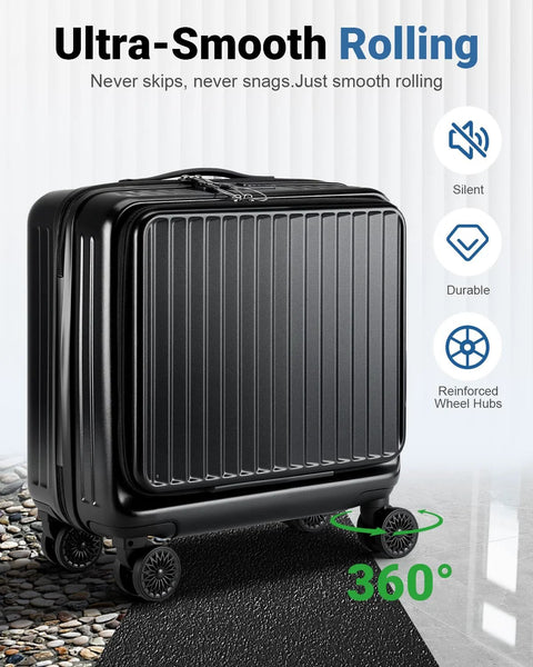 Compact 16 Inch Carry On Luggage With Front Laptop Pocket And TSA Lock With Wheels Airline Approved Hard Shell Suitcase Black