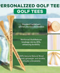 Personalized Golf Tees with text, focusing on durability. Image of Custom Golf Tees Set With Your Name Or Logo in natural wood.