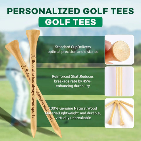 Personalized Golf Tees with text, focusing on durability. Image of Custom Golf Tees Set With Your Name Or Logo in natural wood.