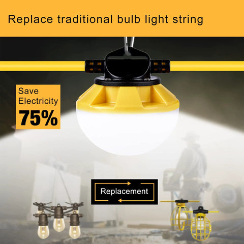 Close-up of bulb from 100Ft LED Construction String Lights IP65 Waterproof ETL Certified Daylight 5000K showing energy efficiency comparison.