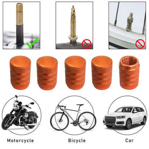 5 Piece Aluminum Tire Valve Stem Cap Set Built Tough Dust Proof and Corrosion Resistant Universal Caps for Cars, SUVs, Trucks, Motorcycles and Bicycles in Orange Anodized Finish displayed with vehicle compatibility.