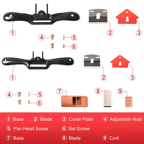 Rock Solid Adjustable Spokeshave Set With Six Precision Blades And Portable Woodworking Plane parts including blades, base, and adjustable nuts.