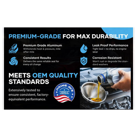 Infographic showcasing features of Aluminum 14mm Oil Drain Plug Gasket Crush Washer For Leak Proof Seal with OEM quality standards.