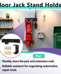 Garage Must Have Wall Mount Jack Stand Organizer Rack For Heavy Duty Floor Jacks And Extension Rods Universal Wall Mount Holder For Jacks Stands And Trolley Accessories Keeps Your Shop Neat And Safe While Freeing Up Floor Space And Making Quick Access A installed in garage with tools.