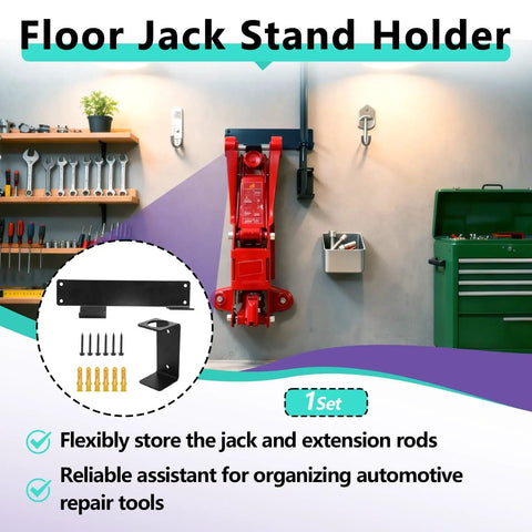 Garage Must Have Wall Mount Jack Stand Organizer Rack For Heavy Duty Floor Jacks And Extension Rods Universal Wall Mount Holder For Jacks Stands And Trolley Accessories Keeps Your Shop Neat And Safe While Freeing Up Floor Space And Making Quick Access A installed in garage with tools.