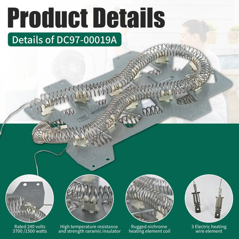 Dryer Heating Element Replacement Compatible With Samsung DV337AEL shown with heating coils and ceramic insulators