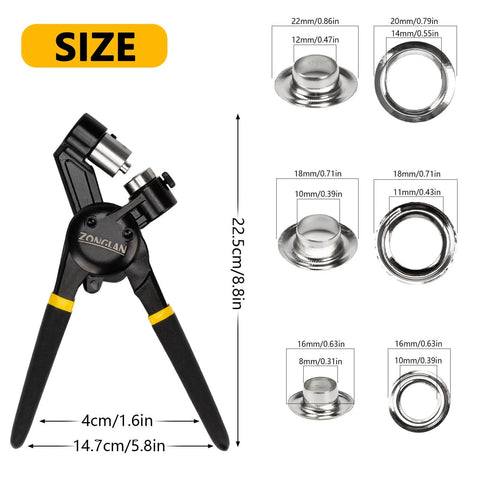 Heavy Duty Grommet Tool Kit With Interchangeable Dies 8mm 10mm 12mm Rivet Press Plier with size specifications and silver grommets
