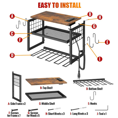 Exploded view of a Power Tool Organizer With Built In Power Strip And 3 Outlets For Garage And Workshop, showing assembly components.