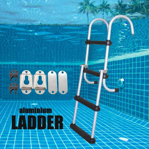 4 Step Aluminum Boat Ladder With Removable Folding Design, Beefy Heavy Duty Marine Stepladder, Durable Aluminum Build Handles Up To 500 Lbs, Easy Storage For Boats, Yachts, Pontoon, Ships, And Fresh Or Salt Water Use, in pool with mounting parts