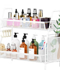 2 Tier Bathroom Organizer Countertop With Metal Wire Mesh Basket Hooks And Vanity Tray Shelf Kitchen Spice Rack White Finish