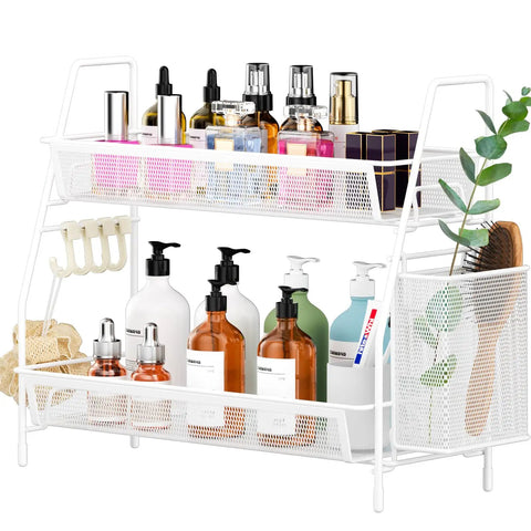 2 Tier Bathroom Organizer Countertop With Metal Wire Mesh Basket Hooks And Vanity Tray Shelf Kitchen Spice Rack White Finish