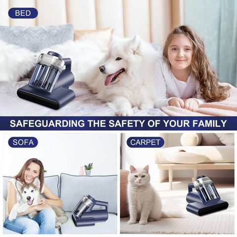 Mattress Vacuum Cleaner With UV C Light And Ultrasonic Tech Hyper Helix Motor on bed, sofa, and carpet with pets.