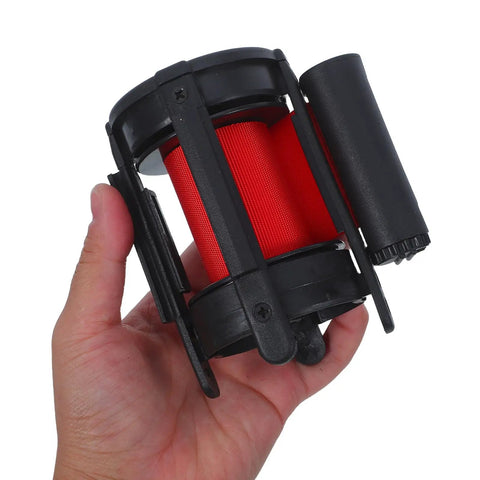 Heavy Duty Retractable Belt Barrier Wall Mounted Crowd Control Divider Featuring Smooth Gliding Telescoping Tape, held in hand.
