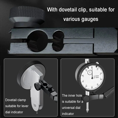 Heavy Duty Magnetic Base Stand For Dial Indicator With 360 Degree Adjustable Arm and swivels, featuring dovetail clip for gauges.