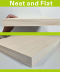 Basswood sheets, natural unfinished wood, 12x12 inches, 1/16 inch thick; 12-pack shown in side stack and top view.
