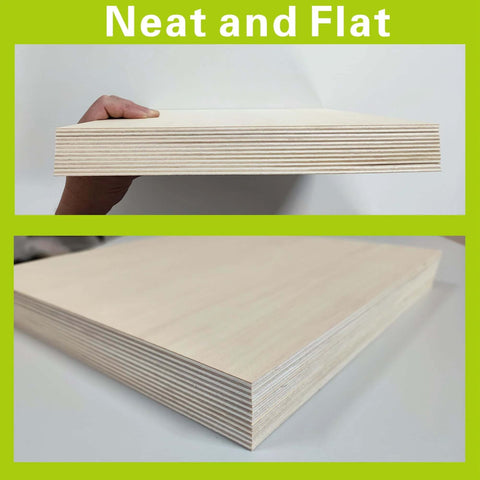 Basswood sheets, natural unfinished wood, 12x12 inches, 1/16 inch thick; 12-pack shown in side stack and top view.