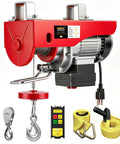 Heavy Duty Electric Winch Hoist With Wireless Remote Control For Garage Shop Use 440 Lbs Capacity showing copper motor, hooks, and remote.