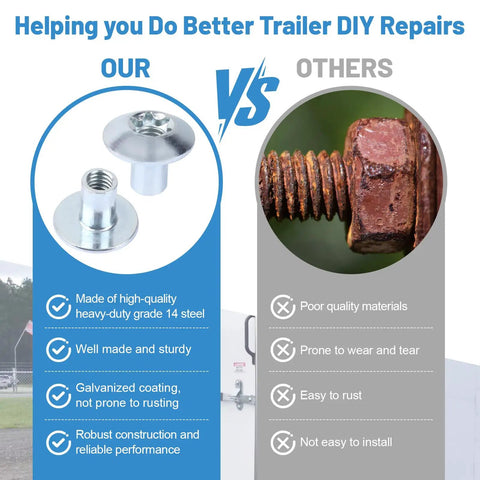 Image comparing Real Deal Trailer Cam Hasp Latch Hardware Kit Ships With Eight Five Sixteenths Inch Torx Barrel Nuts And Zinc Plated Steel Bolts.