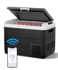 12 Volt Refrigerator With 54 Quart Capacity Portable Freezer Electric Cooler Includes Ac Dc Cords For Road Trips And Camping with open lid showing drinks.