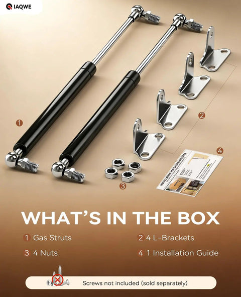 Heavy Duty Gas Struts Kit For Lids And Trunk Covers, 36 Inch 300 Lbs Lift, 2 Pack With L Mount Brackets, kit contents