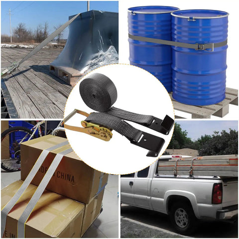 Heavy Duty 4 Pack 2 Inch Ratchet Straps With Durable Flat Hooks For Secure Cargo Tie Downs On Trucks And Flatbeds in multiple usages.