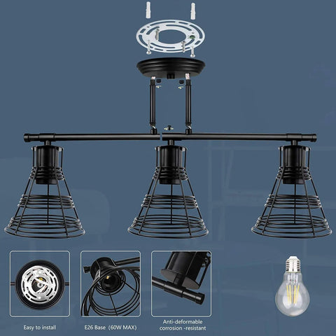 Vintage Industrial 3 Light Bathroom Vanity Fixture In Matte Black With Cage Design Over Mirror For A Retro Farmhouse Vibe Perfect Wall Light For Bedroom Living Room And Cabinet E26 Base, showcased with installation details and bulb type.