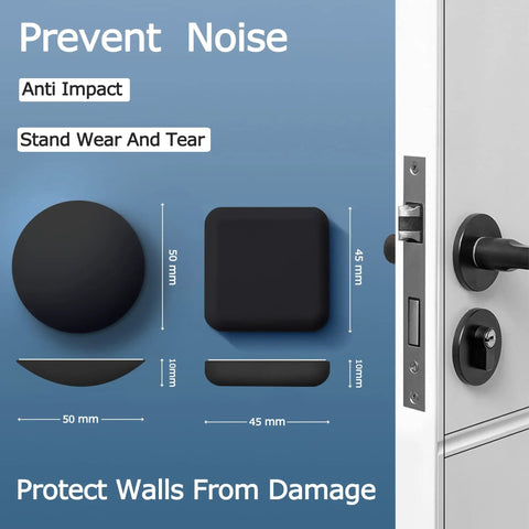 Heavy Duty Silicone Door Wall Protectors With Super Sticky Backing To Take The Heat From Swinging Doors And Keep Your Home From Getting Rattled By General Foot Traffic, showing black circular and square pads with dimensions.