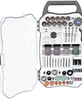 208 Piece Universal Rotary Tool Accessory Kit With Durable Carrying Case For DIY Pros Includes Cut Off Disks Flap Wheels Felt Discs Diamond Burrs Drills Wire Brushes Sanding Wheels And More in clear case.