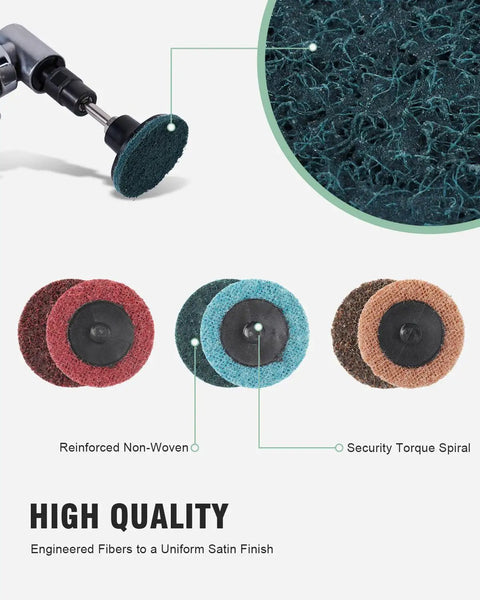 77 Pack 2 Inch Zirconia Sanding Discs With 1 Quarter Inch Roll Lock Quick Change System close-up of textured discs