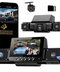 Image of 4 Channel Dash Cam with 360 Degree View for all around protection and no blind spots, showing app control and cameras.