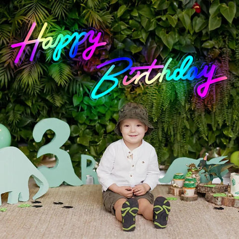 Extra Large Neon Happy Birthday Sign With Multi Color LED Lights Light Up Backdrop For Parties lit in jungle theme