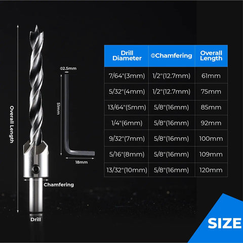 7 Piece Countersink Drill Bits Set For Woodworking High Carbon Steel Carpenter Bits With Chamfering Pedestals And 1 Free Hex Key Wrench Included Pro Grade Heavy Duty Ideal For Cabinet Making Furniture Building And DIY Projects