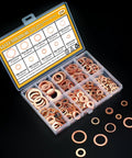 Copper Washers Kit 228-Piece Set Must-Have 10 Sizes in plastic box with various M5-M16 flat and sealing washers displayed