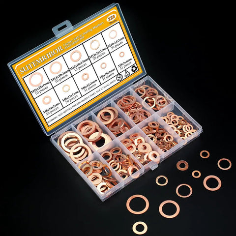 Copper Washers Kit 228-Piece Set Must-Have 10 Sizes in plastic box with various M5-M16 flat and sealing washers displayed