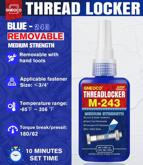 Packaging for blue medium-strength thread locker M-243 for metal fasteners, featuring product specifications and use details.