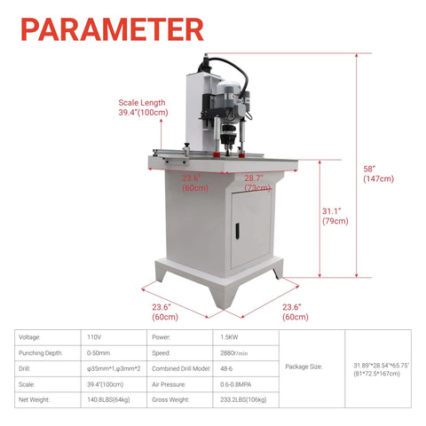 Amazon EQCOTWEA 110V pneumatic hinge drilling machine with upward punching, single-head; 0–50 mm depth, 1.5 kW