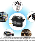 Beefy Brushless RC Servo With Full Metal Gears, 61 KgCm Torque, 0.09 Sec, 8.4V, showcased with RC cars and robots.