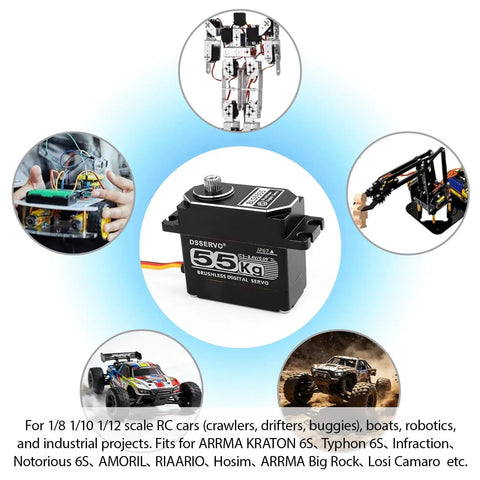 Beefy Brushless RC Servo With Full Metal Gears, 61 KgCm Torque, 0.09 Sec, 8.4V, showcased with RC cars and robots.