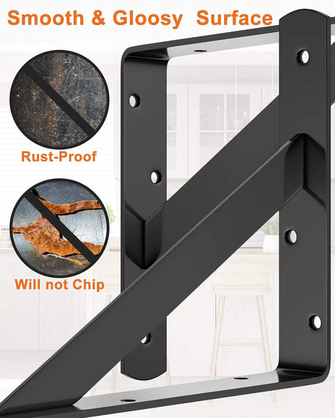Heavy Duty Shelf Brackets 8 Pack Fit 14 to 18 Inch Shelves L Shape Wall Brackets With 90 Degree Triangle Design Beefy 250 Lbs Load Capacity Mounting Hardware Included Black showing rust-proof surface and chip resistance.