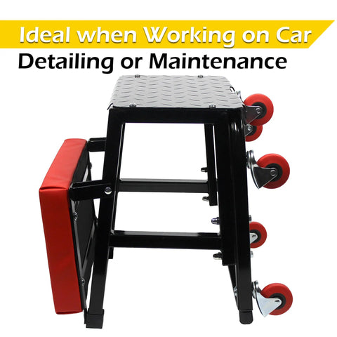 Mechanics Garage Creeper Seat And Stool Combo 300 LB Capacity, 5 Wheel Mobile Workshop Chair That Transforms From Creeper To Stool, Durable Build, Easy Rolling For Cars, Tools, And DIY Projects. Side view of black steel creeper seat with red padding and five red casters.