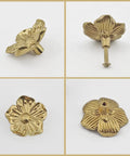 Solid Brass Flower Drawer Knobs Two Pack 40mm Gold Cabinet Handles Petal Pulls front and side views with screws displayed.