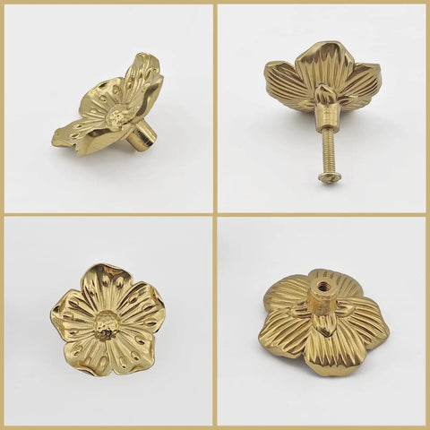 Solid Brass Flower Drawer Knobs Two Pack 40mm Gold Cabinet Handles Petal Pulls front and side views with screws displayed.