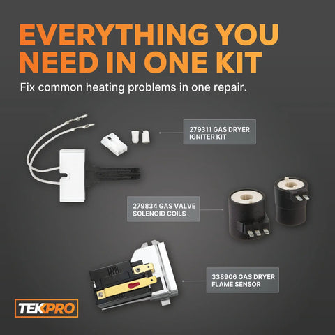 Gas Dryer Repair Kit with 279311 Igniter 338906 Flame Sensor 279834 Valve Coil for various dryer models.