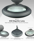 ESD Safe Glass Lens Magnifying Lamp with Clamp, 8 Diopter Approx 3X Magnification, matte black design, shown in multiple angles