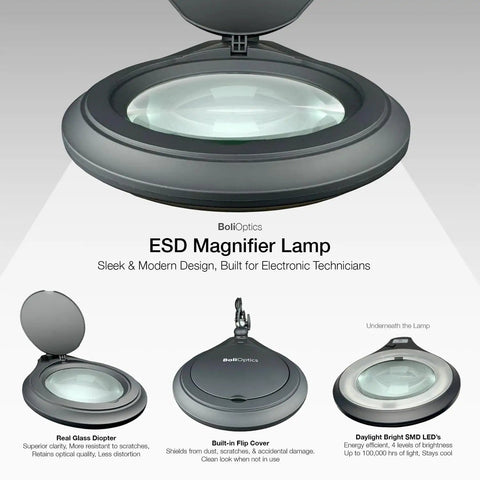 ESD Safe Glass Lens Magnifying Lamp with Clamp, 8 Diopter Approx 3X Magnification, matte black design, shown in multiple angles