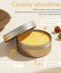 Top Shelf Natural Wood Finishing Wax For Furniture Sealer Blending Carnauba And Beeswax, open tin with yellow product, strawberries, and oranges.