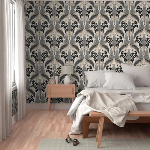 Snag This Killer Big Cat Print PVC Free Wallpaper Featuring A Premium Matte Linen Texture Durable Wallcovering Designed To Level Up Your Interior Design Game Today in a modern bedroom.