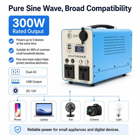 Heavy Duty LiFePO4 Portable Power Station 300W 500W Pure Sine Wave AC Output for powering devices with dual AC and USB.