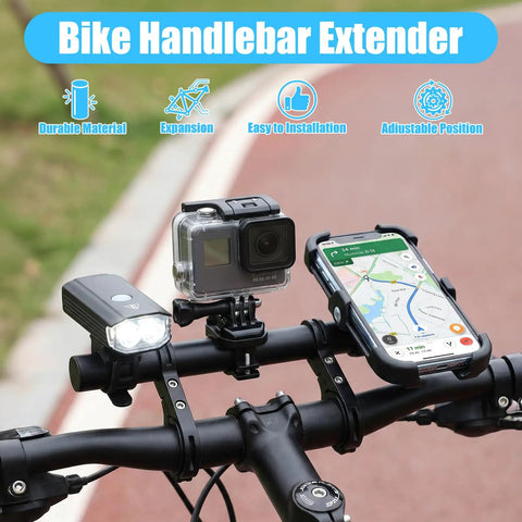Bike Handlebar Extender Aluminum Alloy 7.87 Inch Mounting Bracket For Lights Phone And Speedometer with devices attached