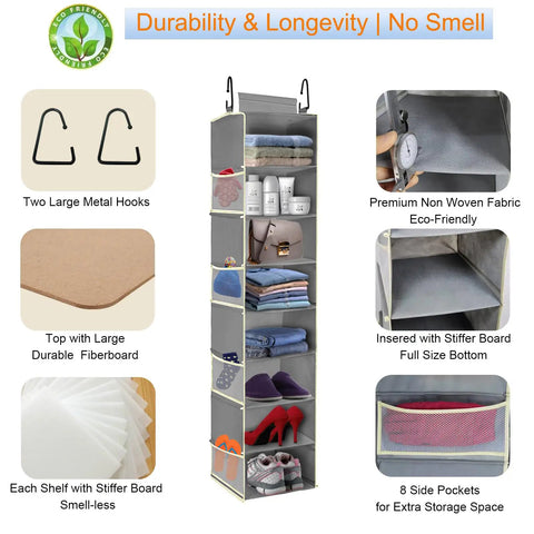 Ultimate 8 Shelf Hanging Shoe Organizer For Closets With Extra Wide Shelves No More Closet Clutter Holds Shoes Boots Sneakers And Clothes Durable Grey 9W 11.8D 48H Hanging Storage Rack with side pockets and metal hooks